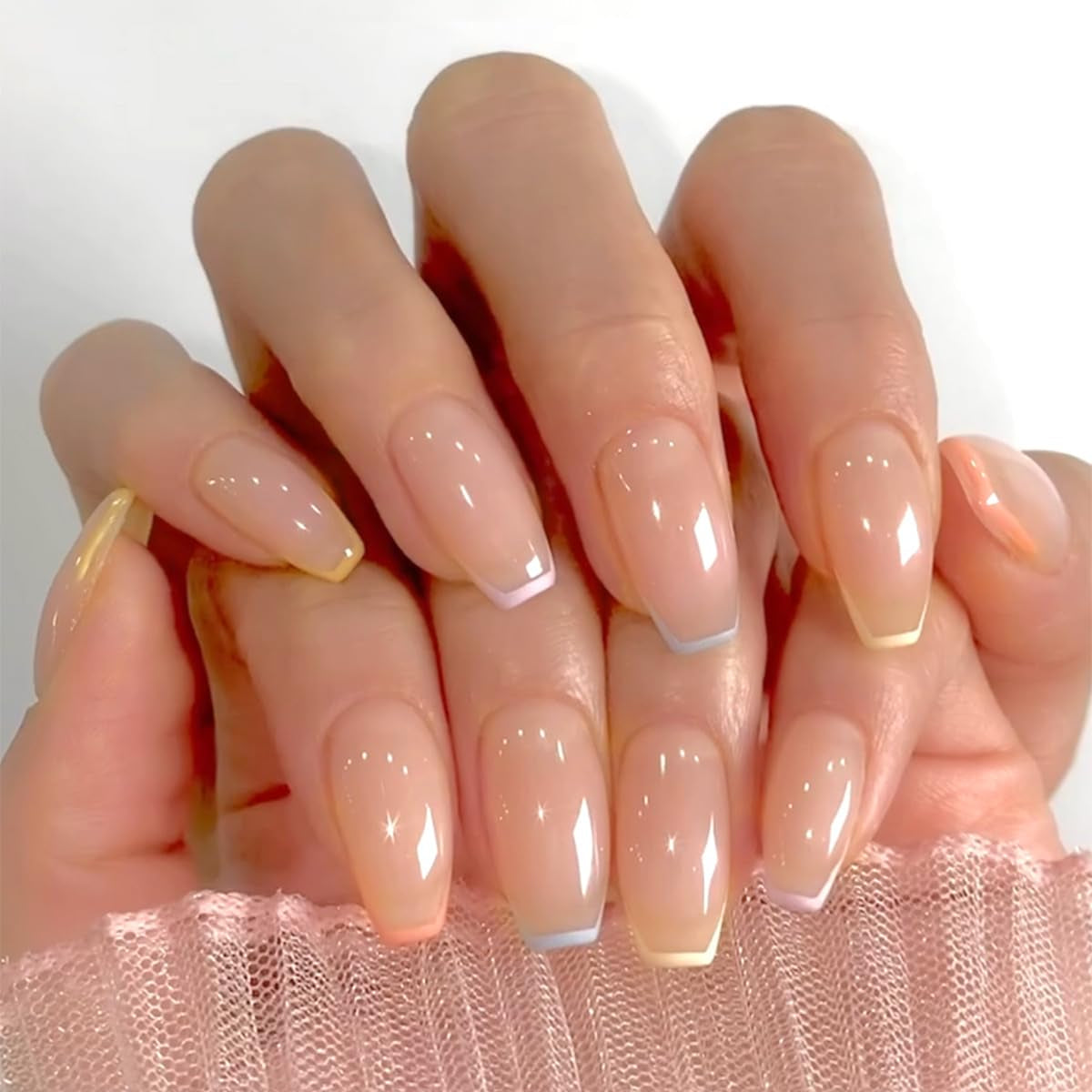 Dlouhé francouzské tipy Zlaté třpytivé lepidlo na dlouhé čtvercové nehty Glitter French Tip Sada umělých nehtů čtvercové umělé nehty pro ženy 24ks
