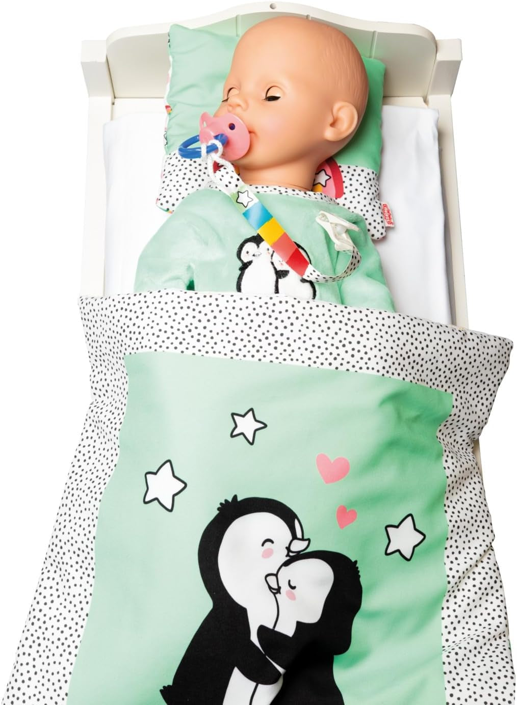 Heless 1181 - Puntíkovaný designový overal pro panenku s tučňákem vyrobený z měkkého veluru s vysoce kvalitní výšivkou Velikost 28-35 cm