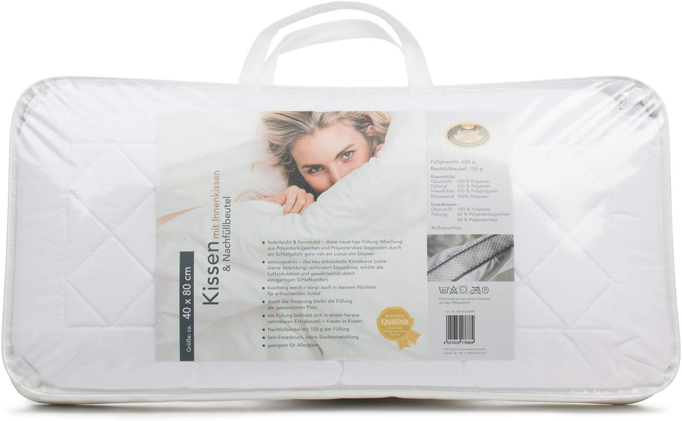 Gözze - Polštář s vnitřním polštářem 150G a klimatickým páskem, včetně náhradního sáčku, 40 X 80 Cm - Standardní polštáře White Naty Shop