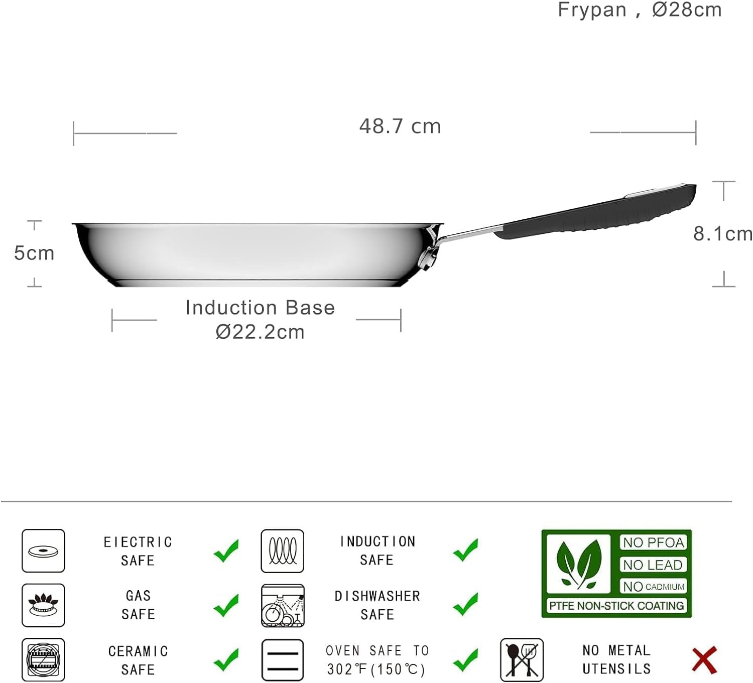 Nerezová pánev s nepřilnavým povrchem - vhodná na indukci, s pohodlnou rukojetí - 28 cm Hrnce a pánve Naty Shop