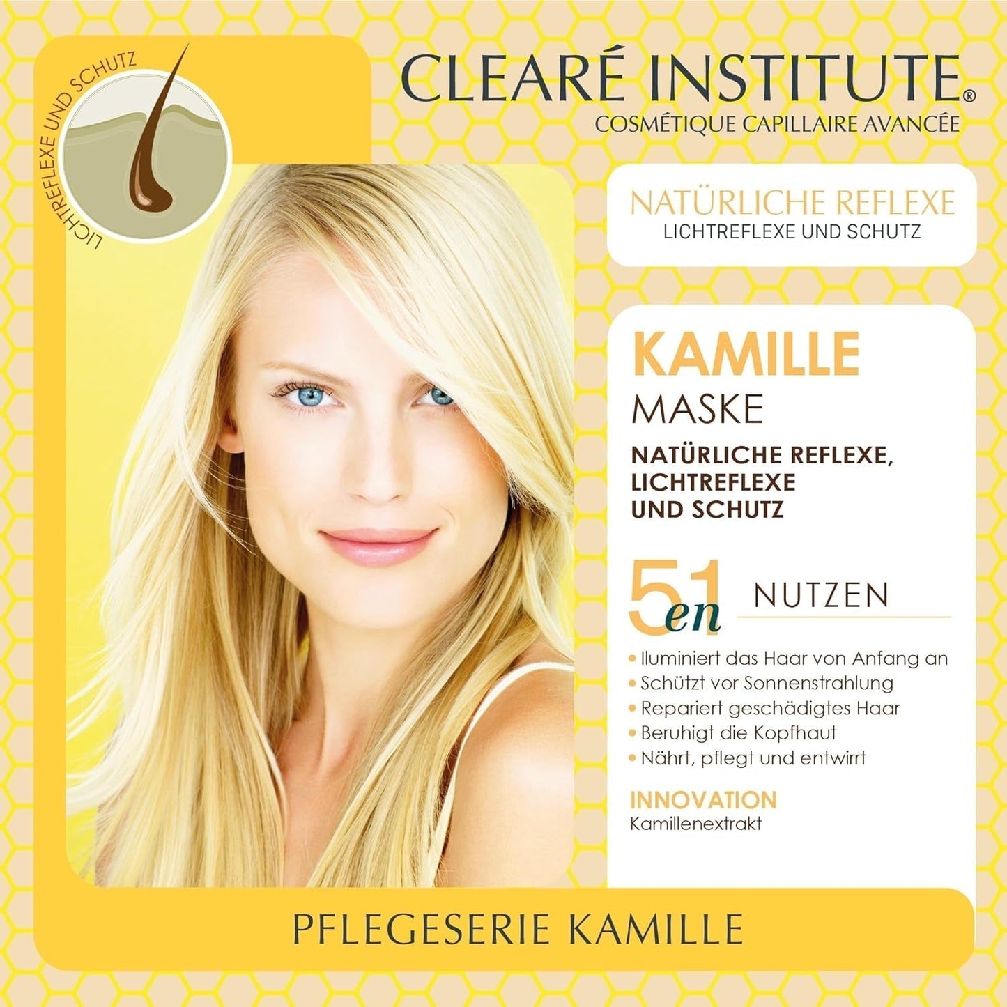 Clearé Institute | Heřmánková maska ​​| Vyživuje, upravuje a rozčesává | Zlatý lesk a lesk | 97% přírodních složek | Zklidňuje pokožku hlavy S výtažkem z heřmánku |150 ml Naty Shop maska ​​na vlasy