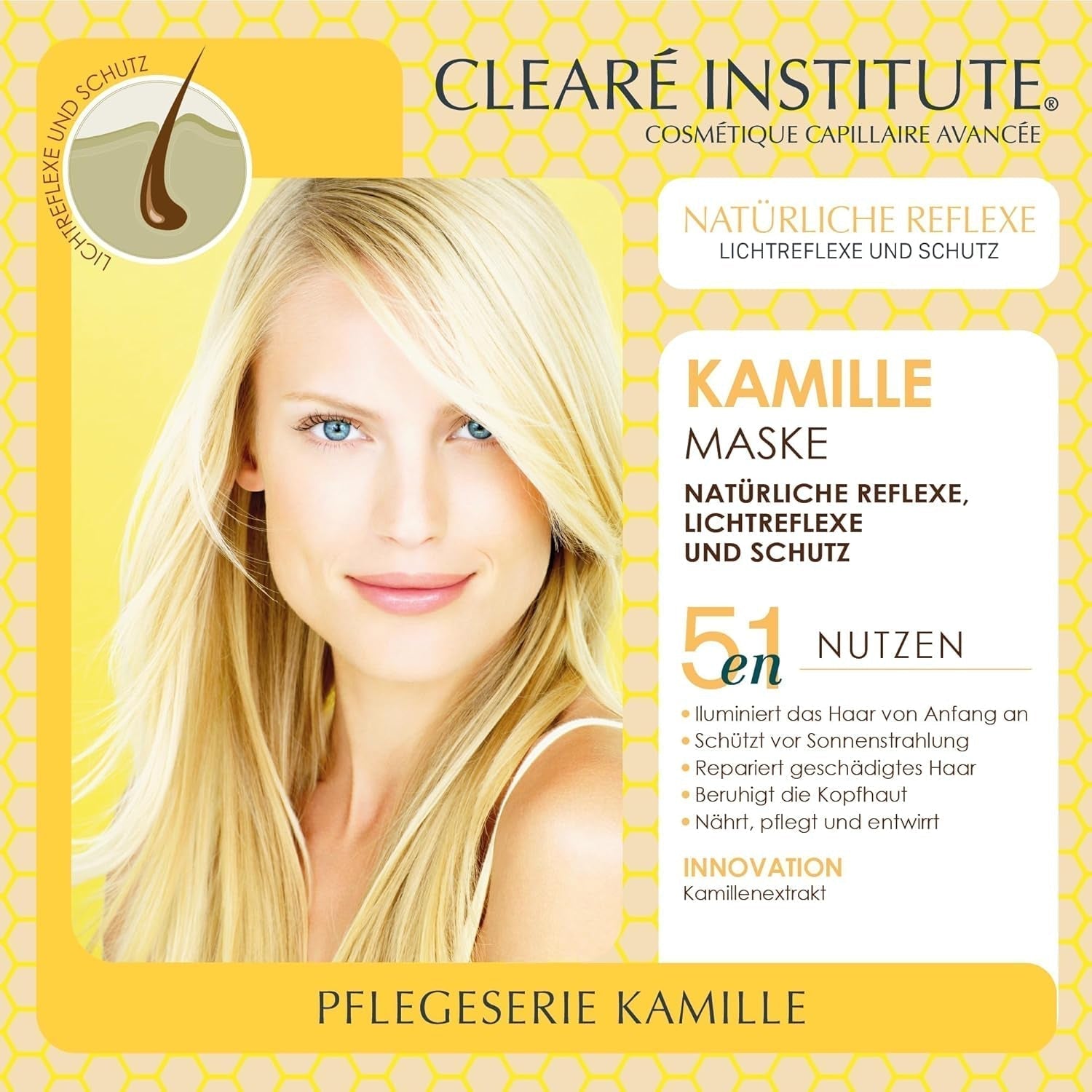 Clearé Institute | Heřmánková maska ​​| Vyživuje, upravuje a rozčesává | Zlatý lesk a lesk | 97% přírodních složek | Zklidňuje pokožku hlavy S výtažkem z heřmánku |150 ml Naty Shop maska ​​na vlasy