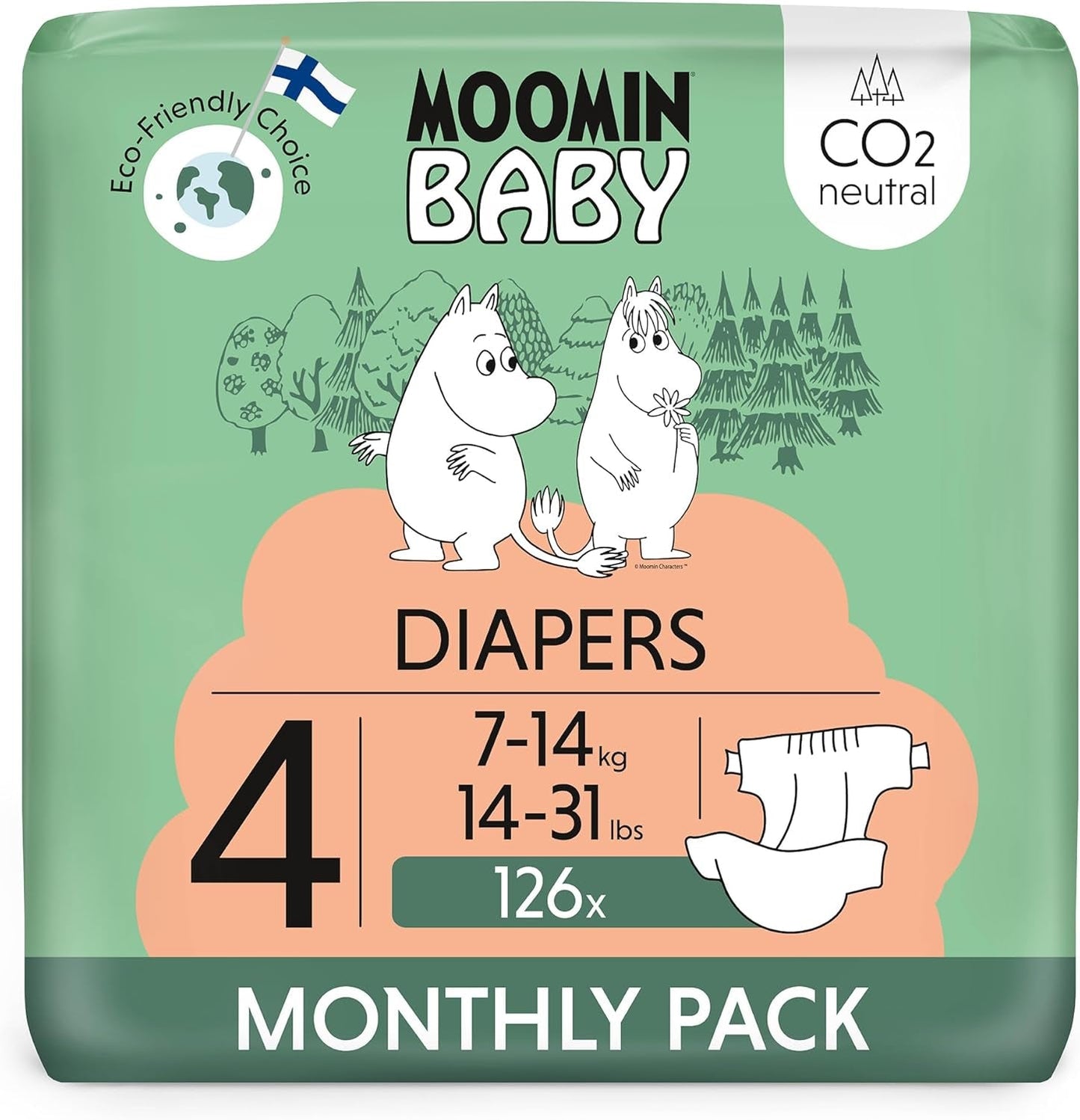 Moomin Dětské eko plenky, velikost 3, 5-8kg, 48 kusů, Premium měkké plenky | Měkký a šetrný k pokožce, prodyšný, savý, bez zbytečných chemikálií |