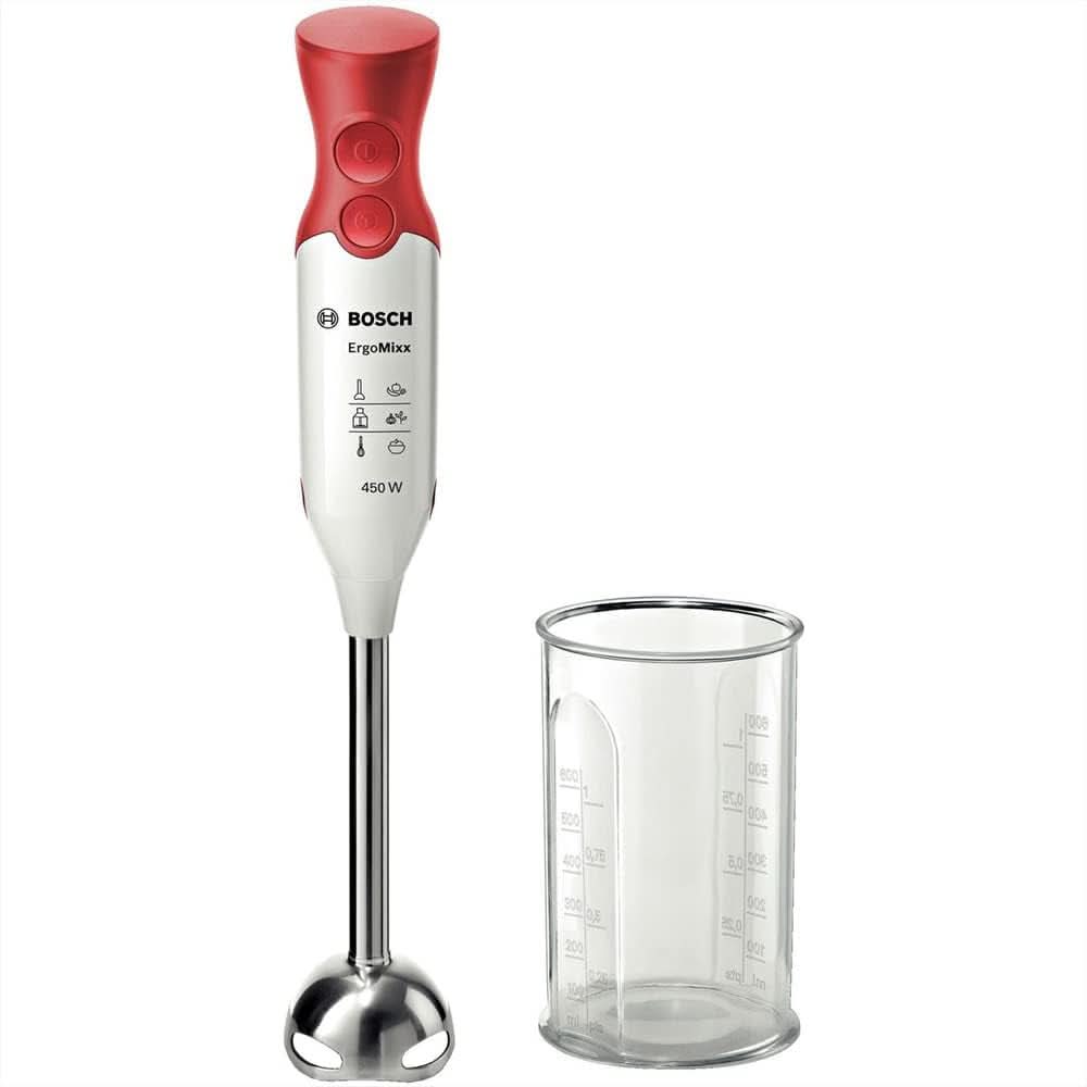 Hausgeräte MSM64110 Ergonomický stojanový mixér Mit Edelstahl-Mixfuß Quattroblade (450 W) Rot, Weiß Kitchen Naty Shop