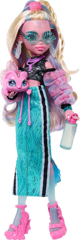 Monster High Lagoona Blue Neptuna Fish Short top a sportovní panenka v maxi sukni se 7 doplňky včetně skořepinových slunečních brýlí, svačiny a tašky, JHK33