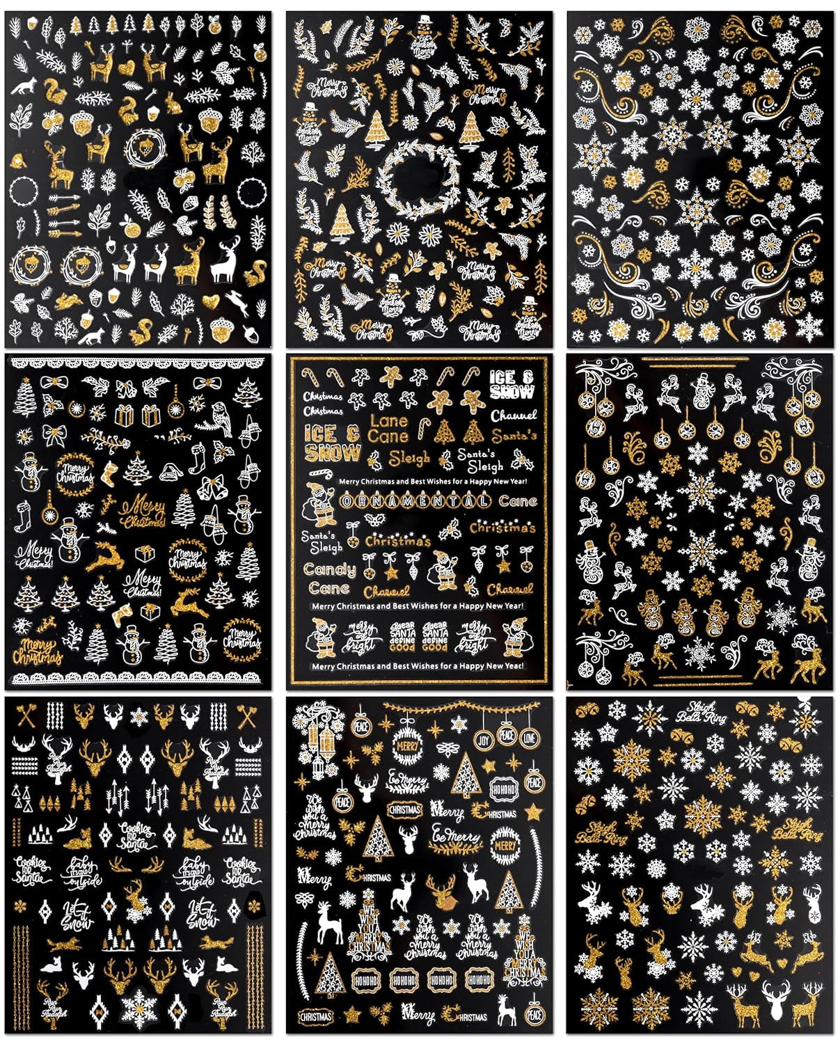 JMEOWIO Nagelsticker Weihnachten 9 Blatt Nail Art Sticker Selbtklebend Nagelaufkleber Schneeflocke Schneemann Festival Weißes Zlatá dekorace Nageldesign Zubehör