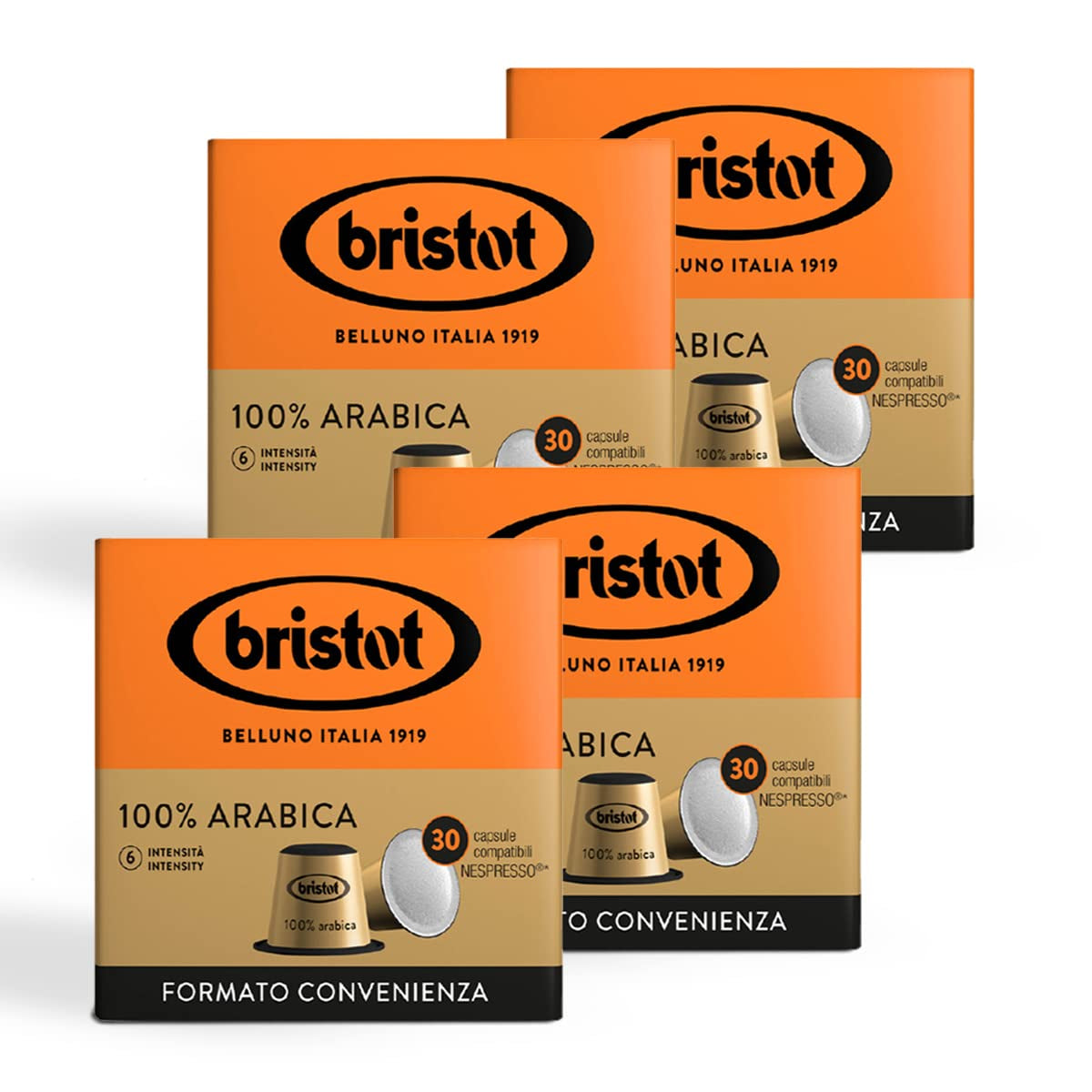 Bristot, 100% káva Arabica – 120 kapslí kompatibilních s Nespresso – Kaffeemischung aus Mittelamerika und Brasilien, Schokolade und Trockenfrüchtenoten – 4 balení po 30 kapslích