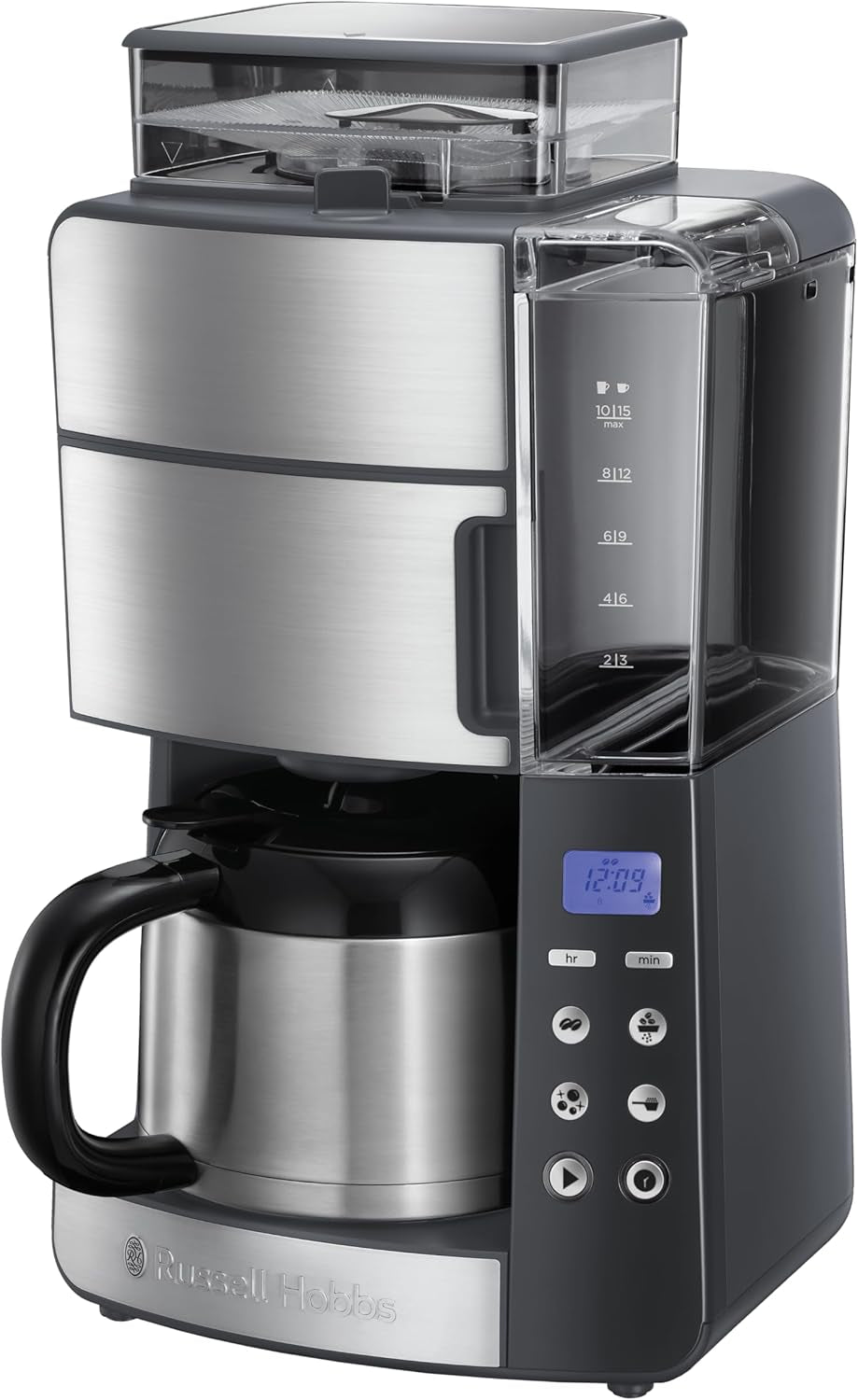 Kávovar Russell Hobbs s mlýnkem a termo karafou [Digitální časovač, sprchová hlavice pro optimální extrakci a aroma] Grind&Brew (1-10 šálků, 3 nastavení mletí) Filtrační kávovar 25620-56