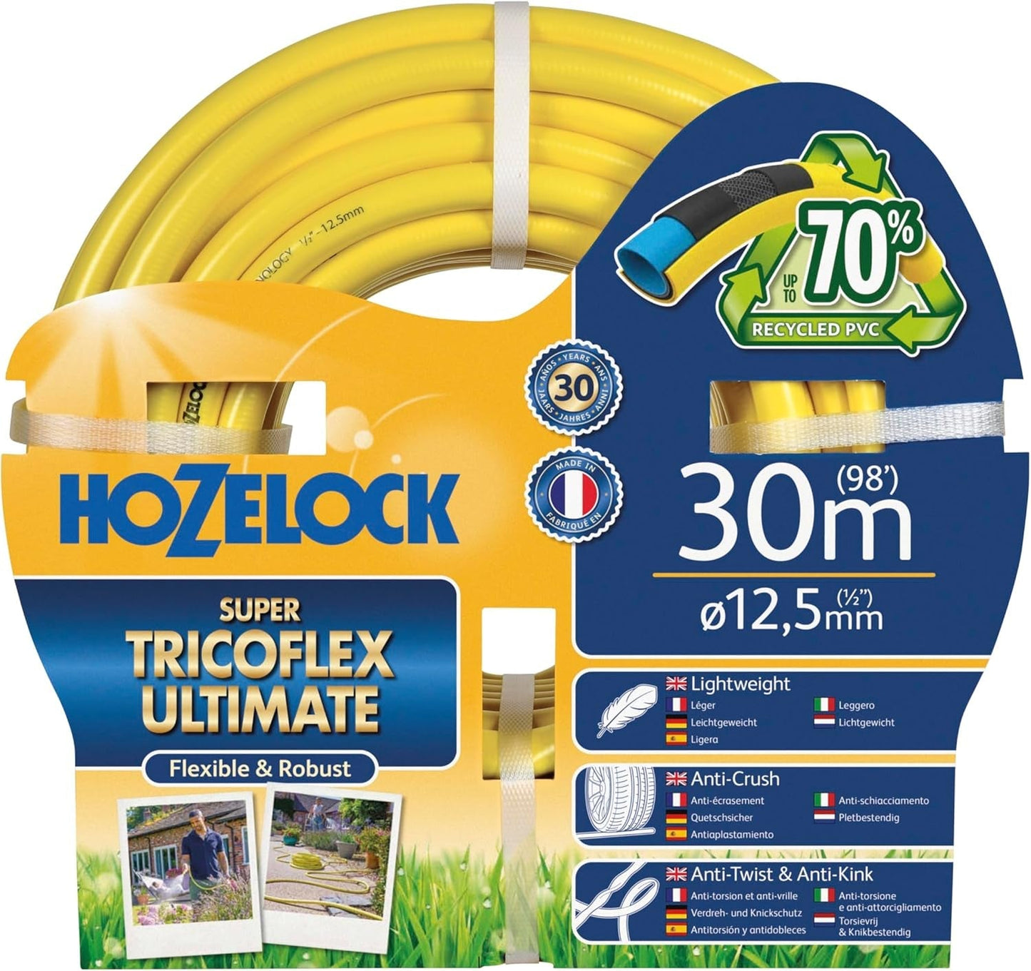 Hadice HOZELOCK - Ultramax 12,5 mm x 30 m, až 70 % recyklovaného PVC, robustní, odolná proti povětrnostním vlivům, odolná proti kroucení, ohybu a rozdrcení, šedá