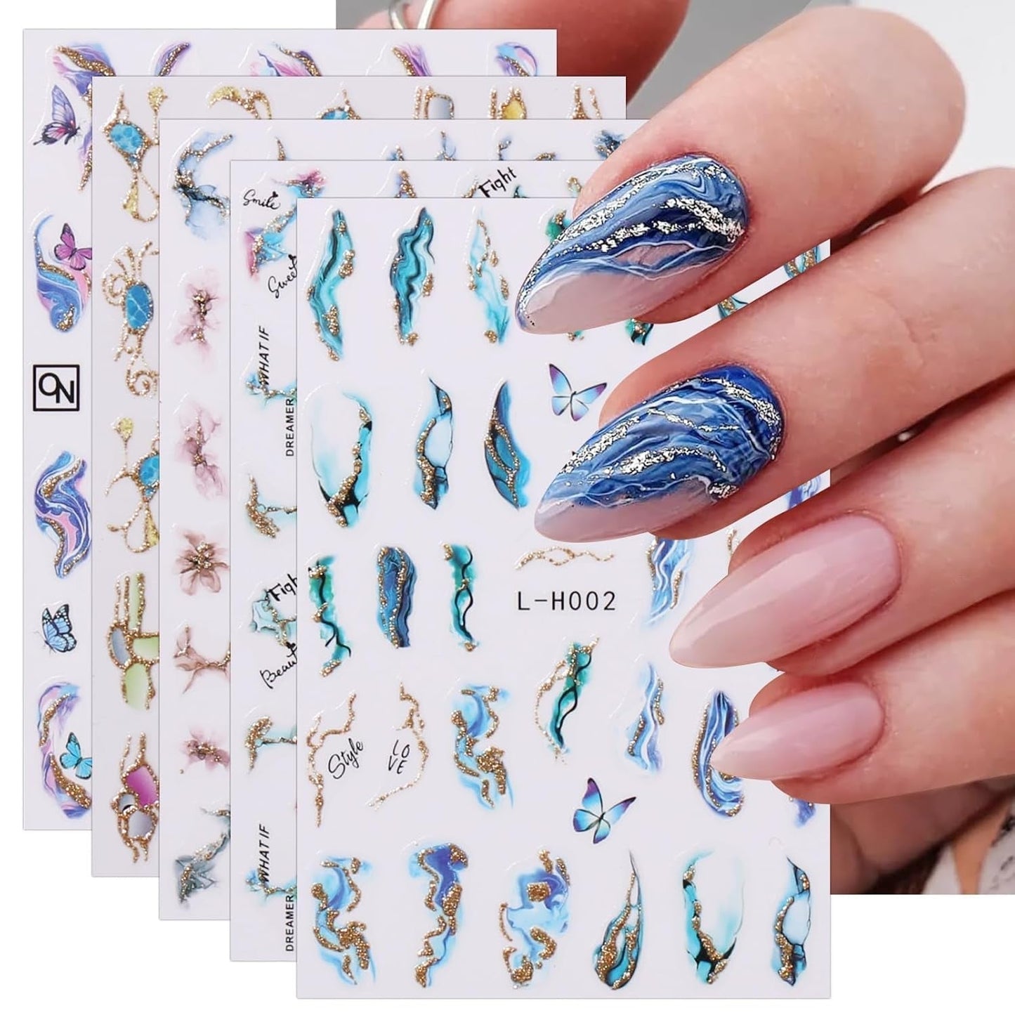JMEOWIO Nálepka na nehty Marmor Französische Spitze 10 Blatt Nálepka na nehty Selbtklebend Nagelaufkleber Bunt Dekoration Nageldesign Zubehör