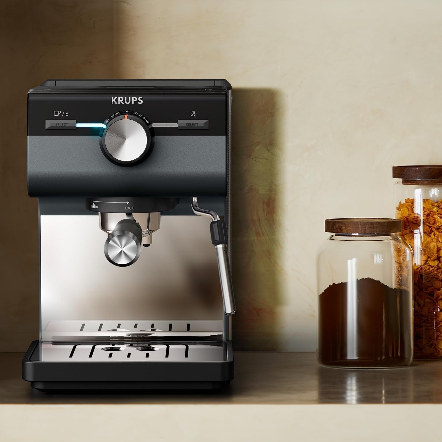 Espresso KRUPS Authentic+, 15 bar, intuitivní ovládání, propracovaný design, parní tryska, včetně rozšířeného příslušenství, Bullet Dark silver/Stainless steel, XP384G10