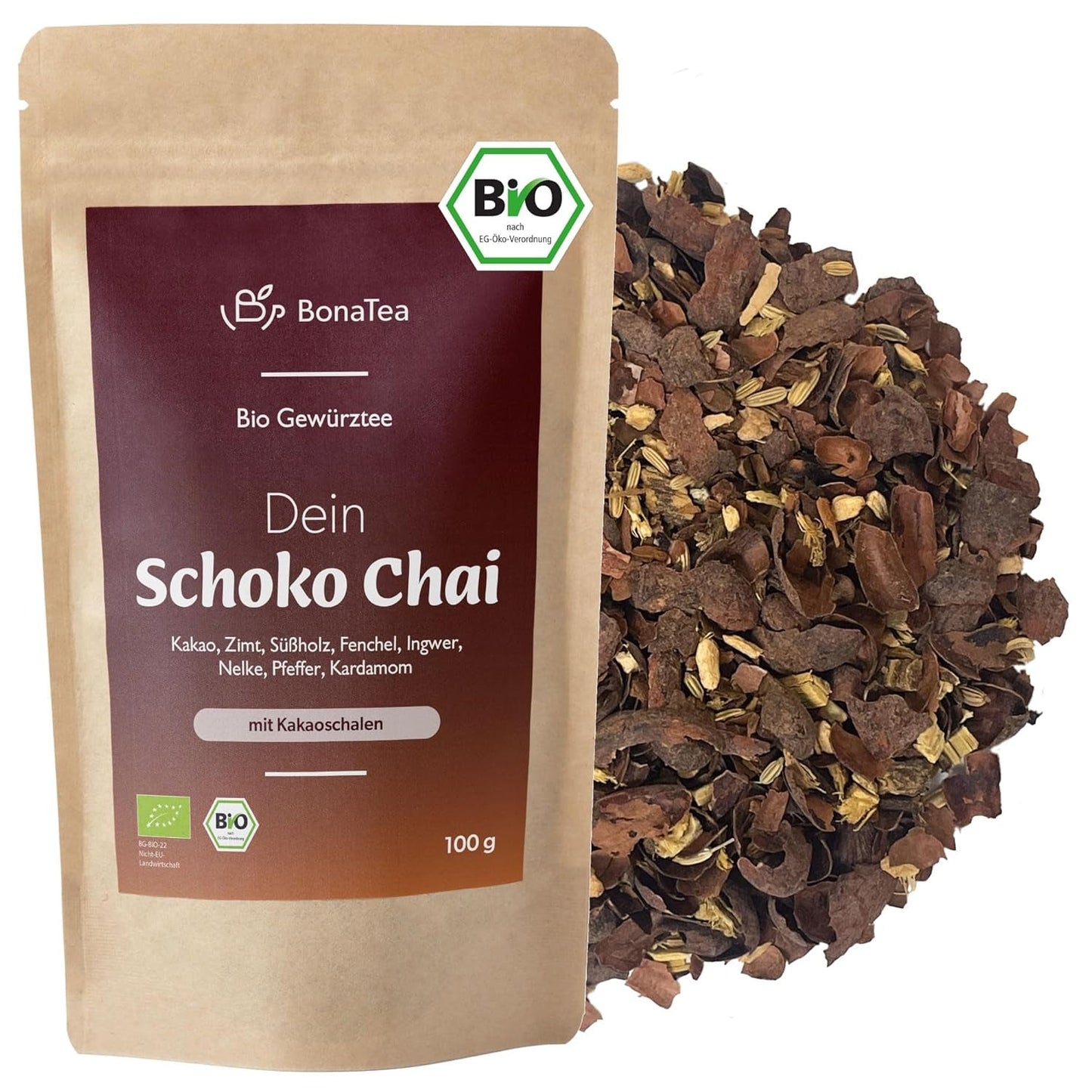 BIO Schoko Chai kořeněný čaj bez cukru, s kakaovými lusky, skořicí, lékořicí a dalším aromatickým Chai kořením, 100 g