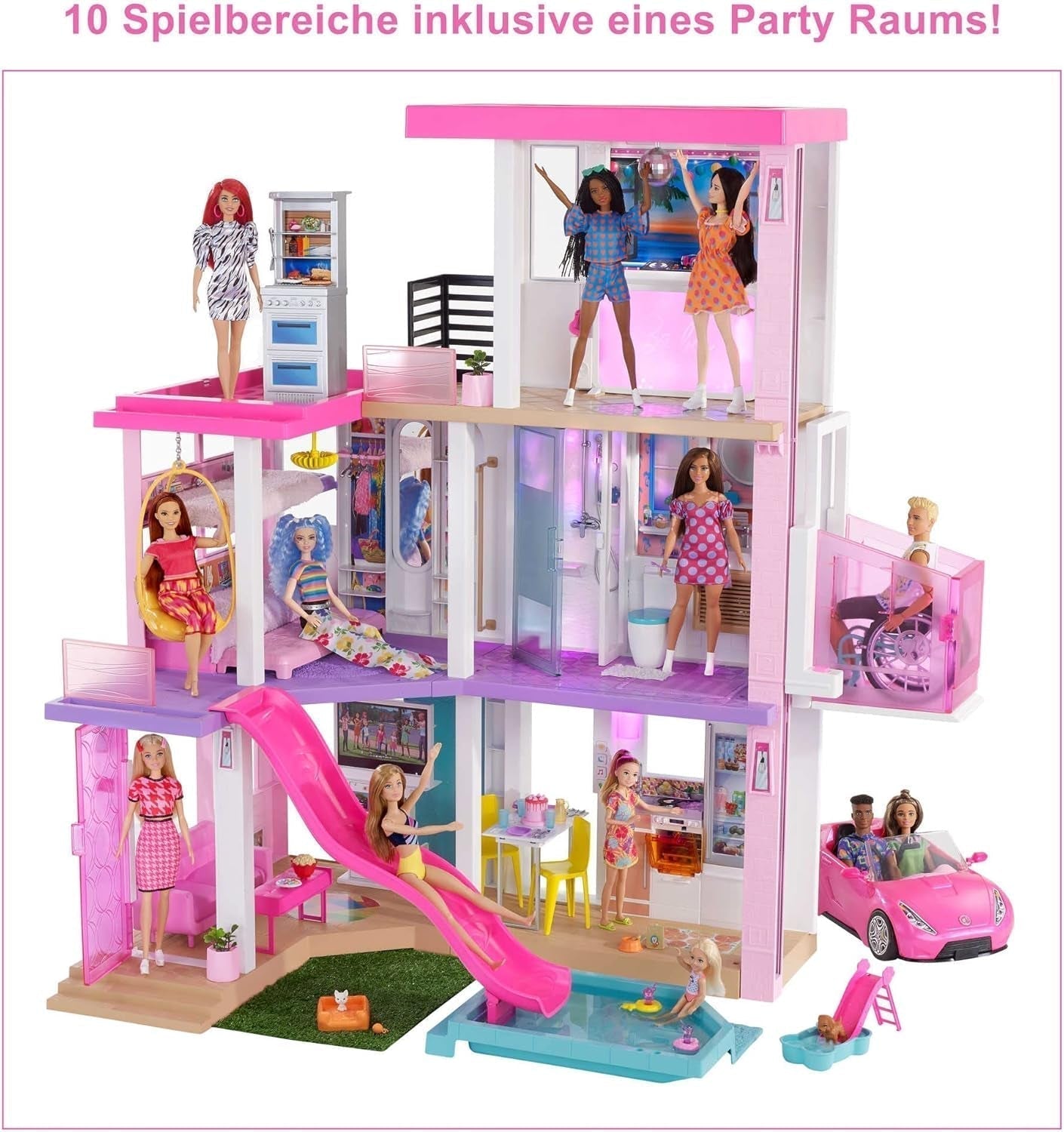 Dům snů Barbie (114 cm), 3patrový domeček pro panenky, bazén, skluzavka, výtah pro invalidní vozíky, 75 doplňků, panenky, vhodné jako dárek pro děti od 3 let, domečky pro panenky Naty Shop GRG93