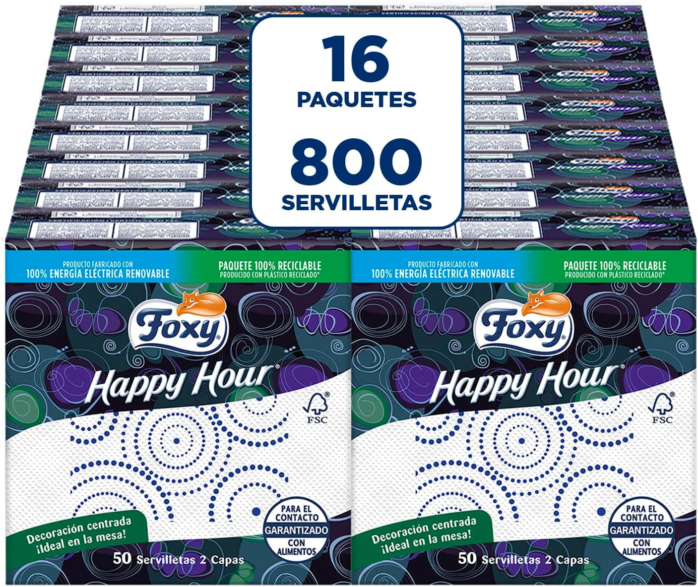 Happy Hour | Dvouvrstvé ubrousky | 16 balení À 50 kusů À 33 X 33 Cm | Certifikace FSC | 100% obnovitelná elektřina | Recyklovatelné obaly vyrobené z recyklovaného plastu
