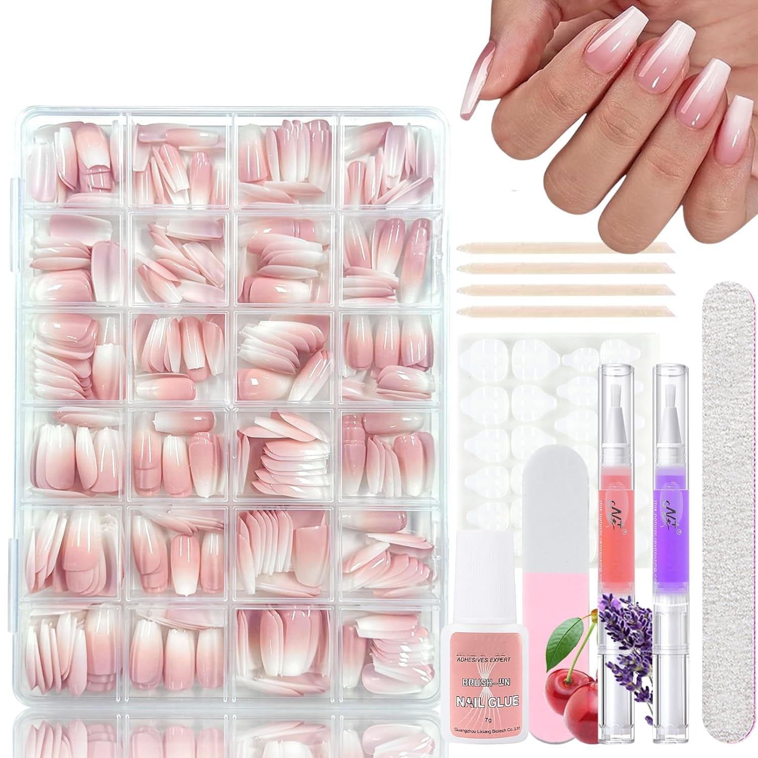 360ks Gradient Ballerina False Nails Set, růžová bílá Gradient nalepovací umělé nehty s 2ks tužky na nehty, střední umělé nehty Ombre pro ženy DIY