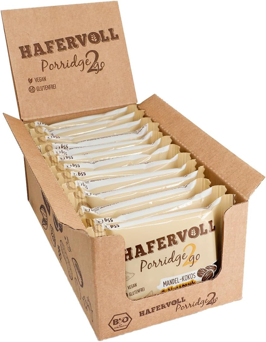 Hafervoll Porridge2go Arašídové máslo a ořechy, 13 tyčinek x 55 g – veganské, organické, bezlepkové, bez přidaného cukru přesnídávka, s ovesem, datlemi a quinoa cukrovinkami