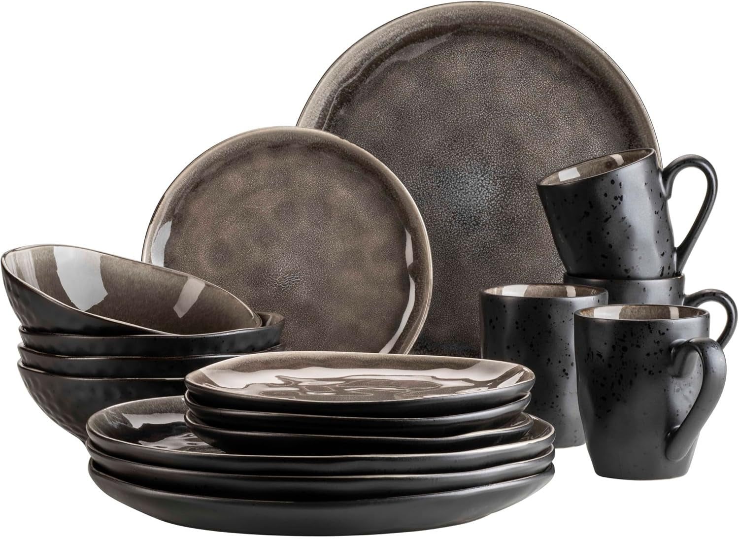 MÄSER 934073 Niara Organic Series Moderní sada nádobí pro 4 osoby se vzrušujícím vintage vzhledem, 16dílná kombinovaná služba se speciální kombinací černé a hnědé glazury, kamenina