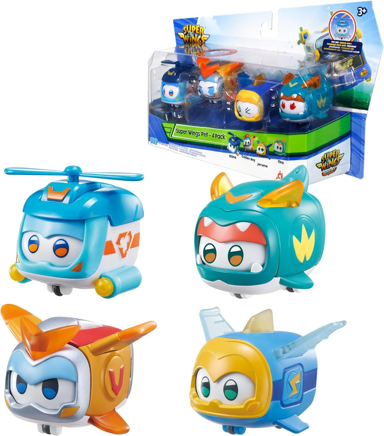 Super Wings Super Pets 4 KS Shine, Golden Boy, Jerome, Ellie Přenosná hračka s přepínatelným výrazem obličeje Bleskový efekt pro 3 4 5 6 7 8 letého chlapce Dívka 2palcové akční figurky Naty Shop 4 balení B