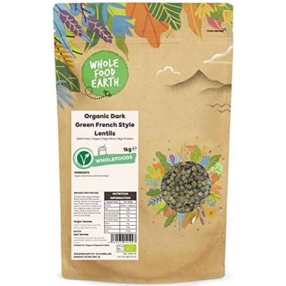 Wholefood Earth Organic French Style Tmavě zelená čočka 1kg Non-GMO | Vegan | Bohaté na vlákninu | Bohaté na bílkoviny | Certifikované organické