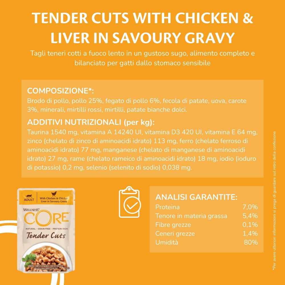 Wellness CORE Tender Cuts 6 x 85g, Chicken Selection Mix - Mokré krmivo pro kočky, jemné kousky v omáčce, bez obilovin, přírodní, hypoalergenní, bohaté na bílkoviny, vysoký obsah masa