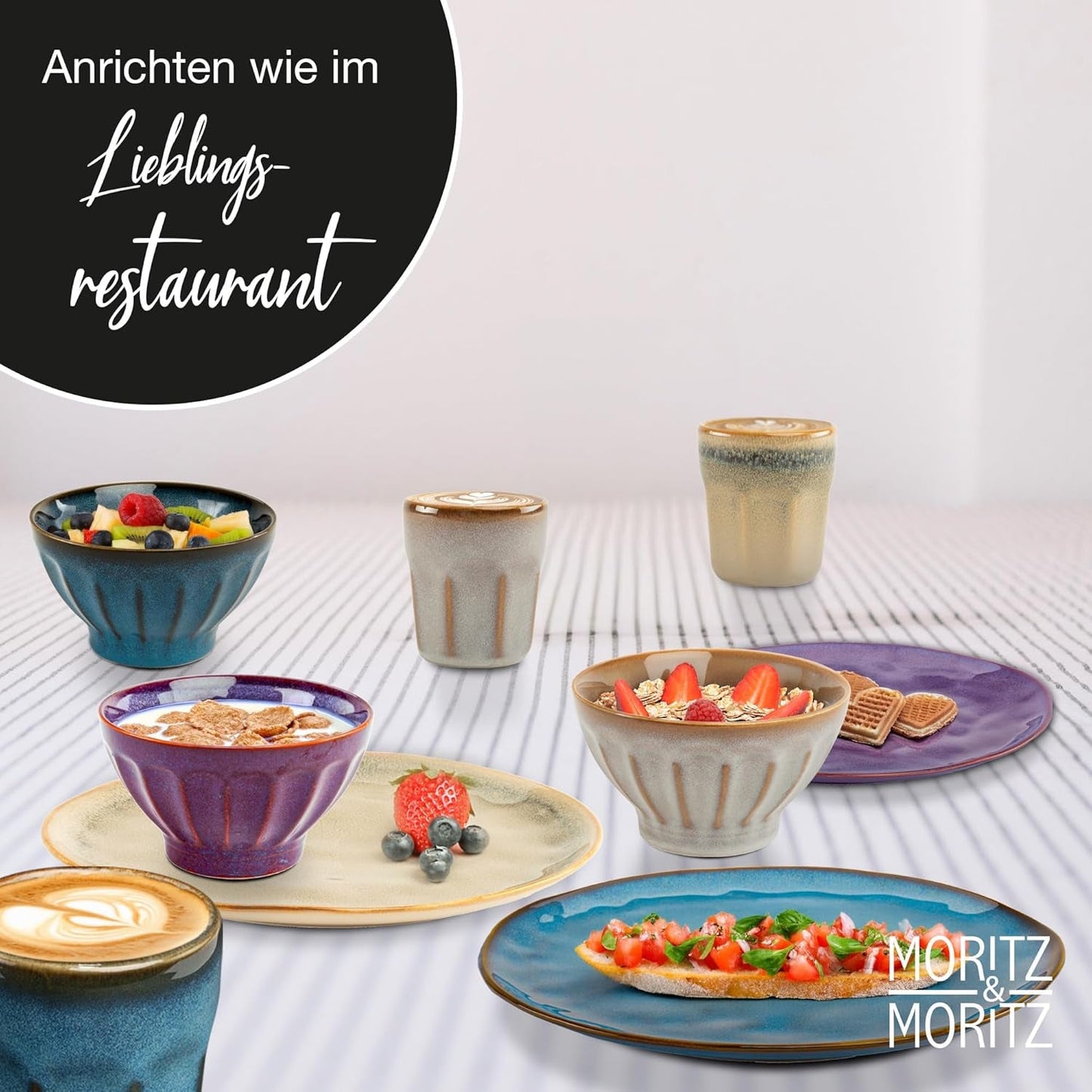 Moritz & Moritz COPA 16-tlg Geschirrset 4 Personen - Elegantes Teller Set aus hohrstandigem Steinzeug - Geschirr Set 4 Personen aus je 4x Večeře, Dessertteller, Müslischale & Kaffeebecher