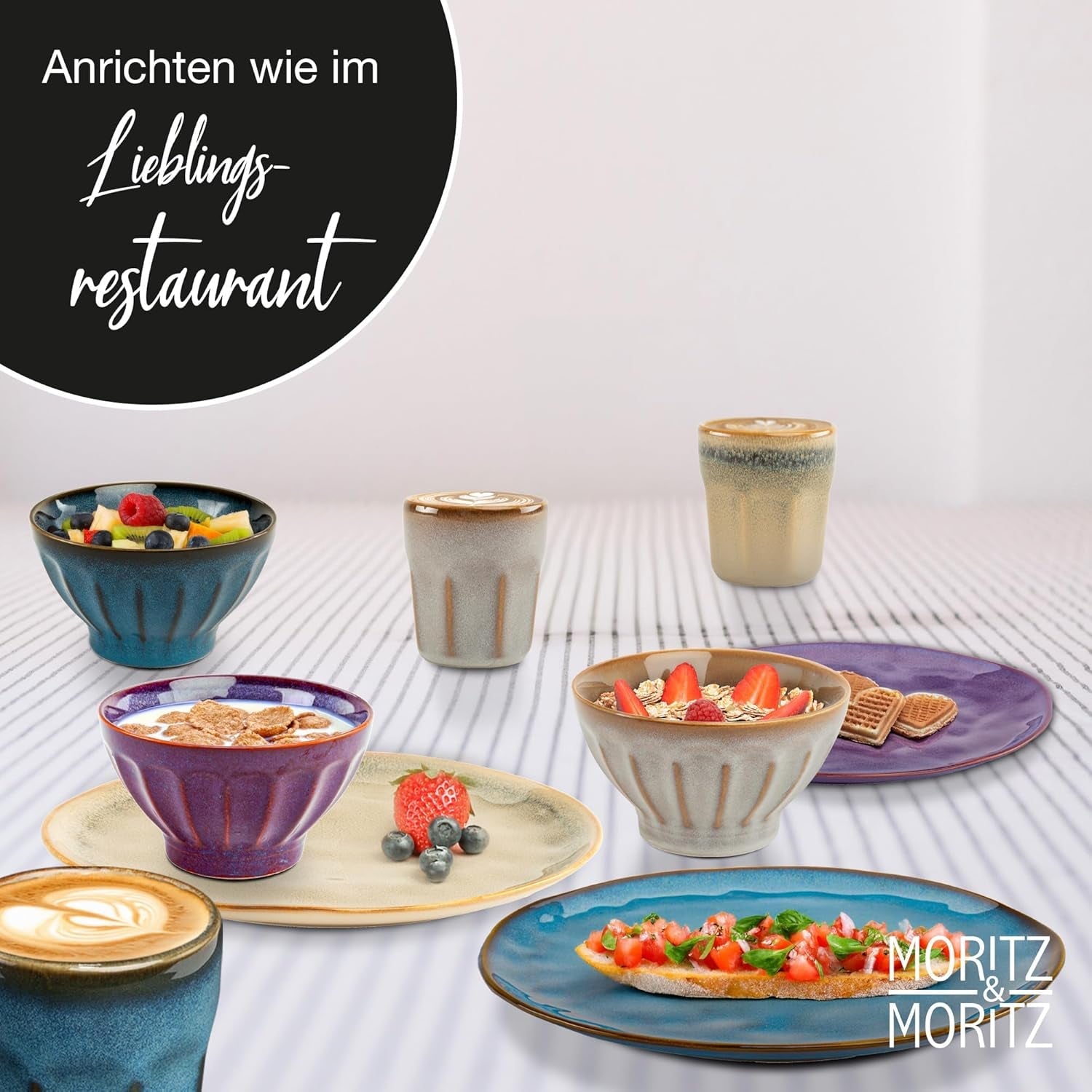 Moritz & Moritz COPA 16-tlg Geschirrset 4 Personen - Elegantes Teller Set aus hohrstandigem Steinzeug - Geschirr Set 4 Personen aus je 4x Večeře, Dessertteller, Müslischale & Kaffeebecher