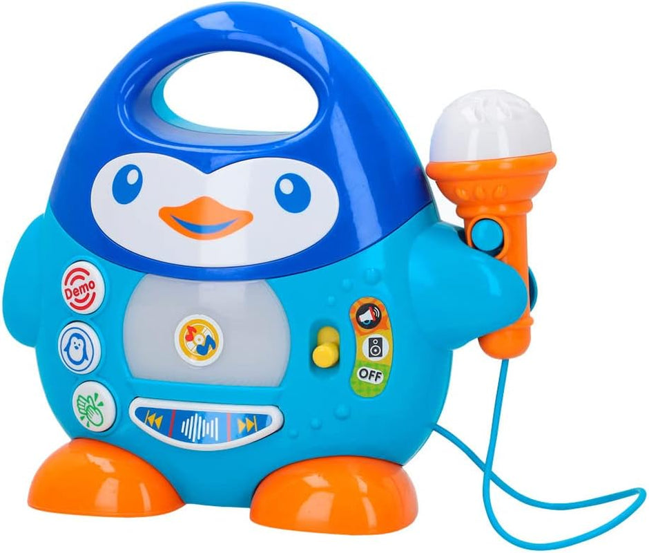 Hudební přehrávač WinFun karaoke, design tučňáka, s blikajícími světly a echo efekty, v modré barvě, hravý styl, připojení USB Baby Toys Naty Shop Výchozí název