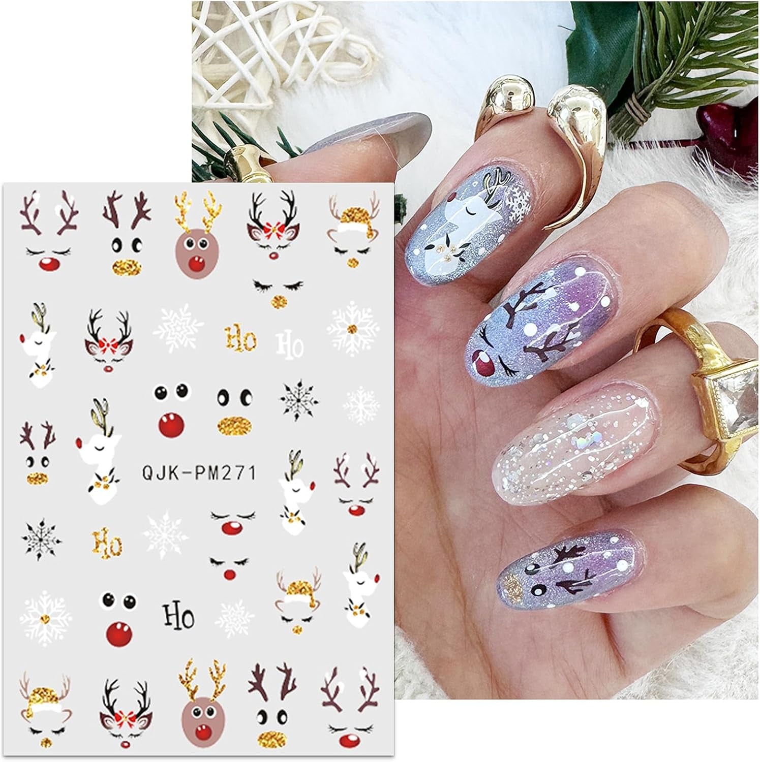 JMEOWIO Nálepka na nehty Weihnachten 10 Blatt Nálepka na nehty Selbstklebend Nagelaufkleber Glitter Schneeflocke Xmas Winter Urlaub Zlatá dekorace Nageldesign Zubehör