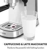 Espresso kávovar Klarstein Futura, Přenosný kávovar na espresso s filtrem, 1450 W, 20 bar, kvalita Barista, dvojitá tryska, zastavení průtoku, přenosný kávovar na espresso s filtrem, funkce napěňovače mléka, stříbrná