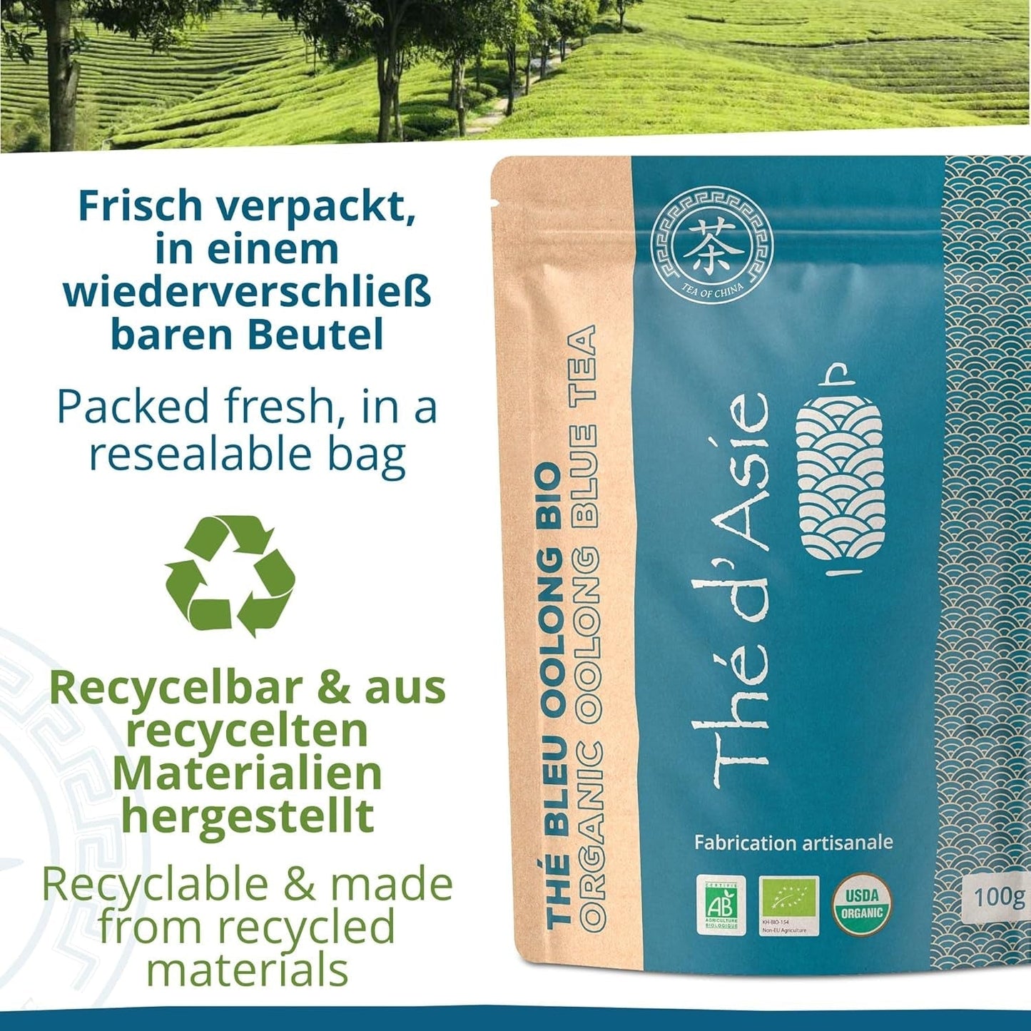 Khla - Bio Oolong Tea 100 G - Modrý čaj - Přírodní sypaný čaj - Organický asijský čaj - Sypaný a řezaný - Bylinný a louhovaný čaj - Z Číny