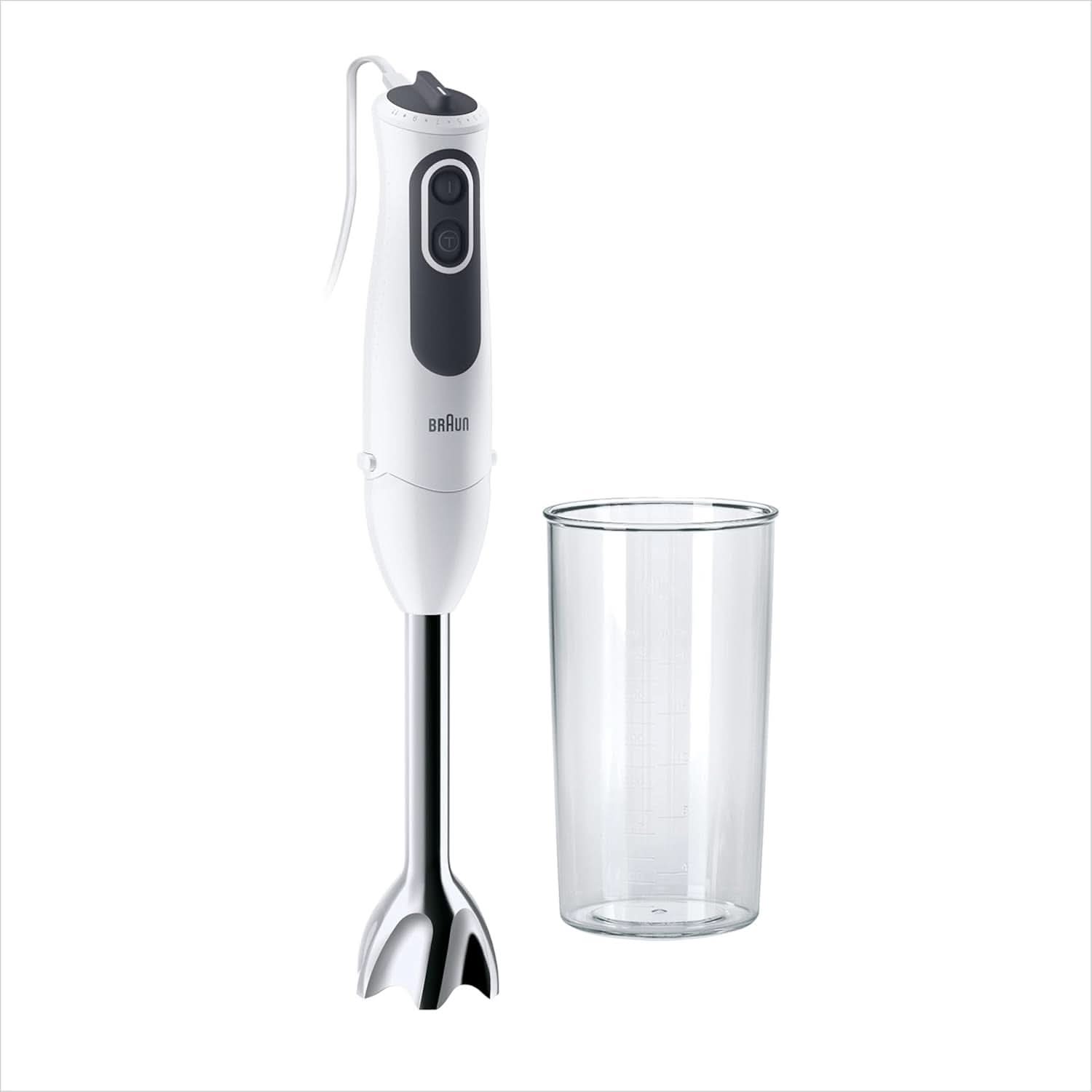 Braun Multiquick 3 MQ 3135 Omáčkový Stabmixer – Pürierstab Mit 11 Geschwindigkeiten plus Turbo-Stufe & Edelstahl-Mixfuß, 750 Watt, Inkl. 600 ml Mix-/Messbecher, Schneebesen & Zerkleinerer, Weiß/Grau Kitchen Naty Shop Single Mq 3100