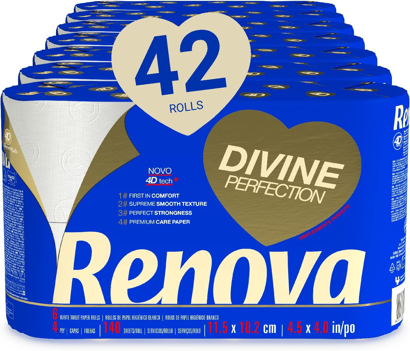 Toaletní papír Renova Renova Divine Perfection, 42 rolí, toaletní papír Premium, 4 vrstvy, ultra měkký, extra pevný, silný, měkký a savý, papír s certifikací Fsc, 4400G