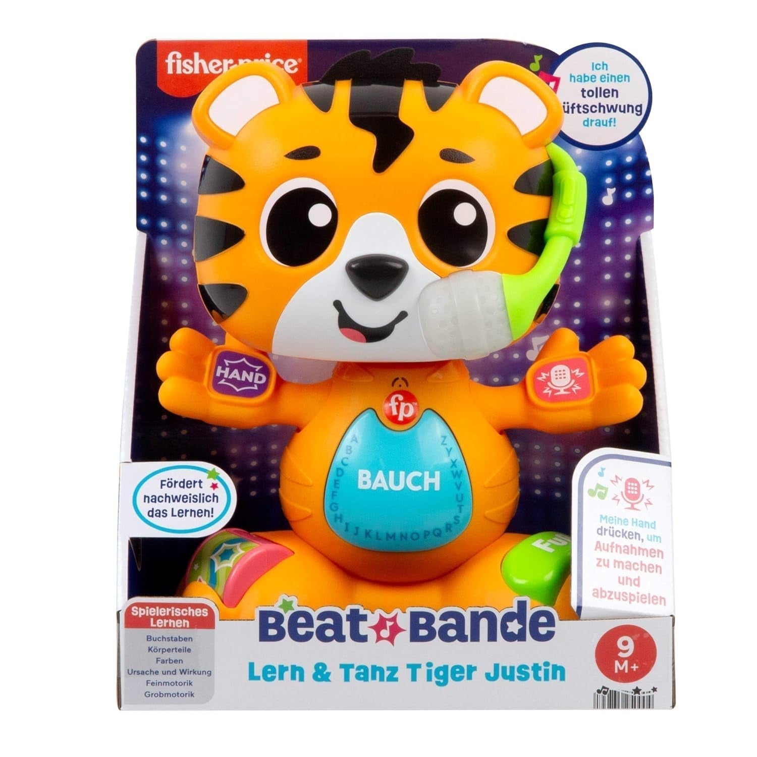 Fisher-Price Baby a Batole Beat Bande Lern & Tanz Tiger Justin Vzdělávací hračka se zvuky a světly pro děti od 9 měsíců, německá edice, HYL31 Baby Toys Naty Shop