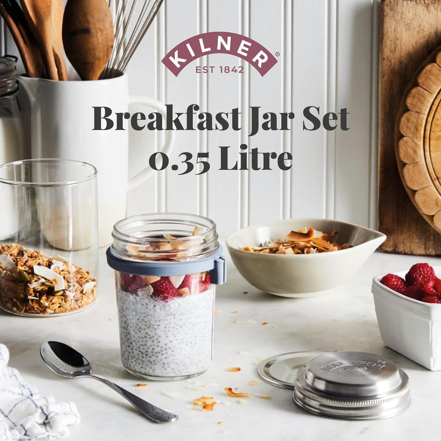 Snídaňová dóza Kilner se lžičkou / 350 ml, Ø 9,5 cm / 5 kusů | kelímek na müsli s sebou / netoxický / skleněná nádoba s víkem na müsli, kaši a jogurt / nádoba na oves na noc Naty Shop Boxy na skladování potravin