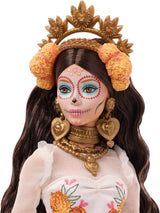Sběratelská figurka pro panenky Barbie Signature Day of the Dead 2025 v krémových šatech s volánky, měsíčky a mašlemi, květinovou korunkou ve vlasech a barvou na obličej Calavera, JBJ05