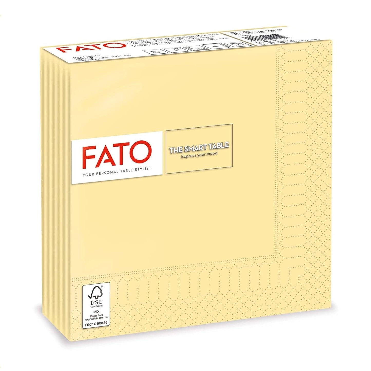 Fato – jednorázové papírové ubrousky, ideální pro příležitostné obědy a bufety, balení 50 ubrousků, velikost 33X33, 4 skládání, 2 vrstvy, barva šampaň, papír ze 100% čisté celulózy, FSC