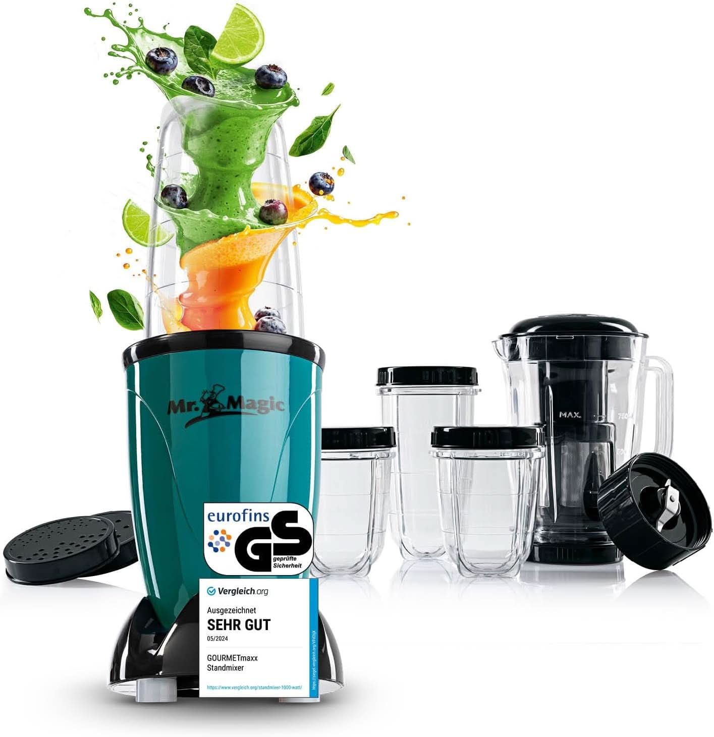 Gourmetmaxx Mr Magic Blender, Smoothie Maker s Xxl příslušenstvím Naty Shop Green | Černý pan magie | 400W | Sada XL