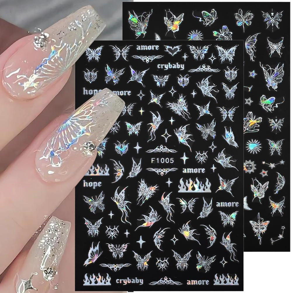 4 Blätter Holographisch Laser Weiß Schmetterling Nálepka na nehty,Y2K Aurora Schmetterlinge Stern Nálepka na nehty 3D Flamme Herz Nageldesign Nálepka na nehty Selbstklebend Nagel Nálepka Nagel Zubehör Nail Art