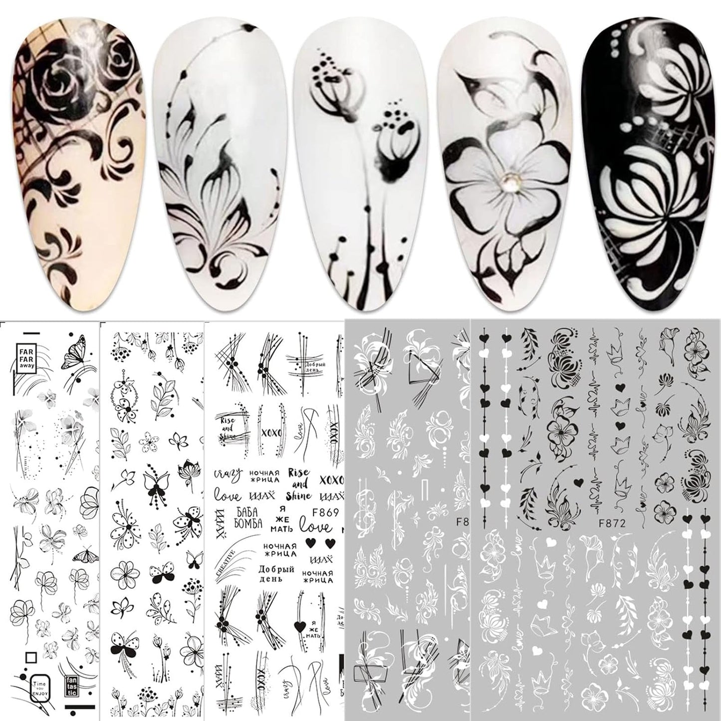 JMEOWIO Nálepka na nehty Blumen 10 Blatt Nagelaufkleber Selbtklebend Černá Bílá Blossom Nálepka na nehty Dekoration Nageldesign Zubehör