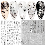 JMEOWIO Nálepka na nehty Blumen 10 Blatt Nagelaufkleber Selbtklebend Černá Bílá Blossom Nálepka na nehty Dekoration Nageldesign Zubehör