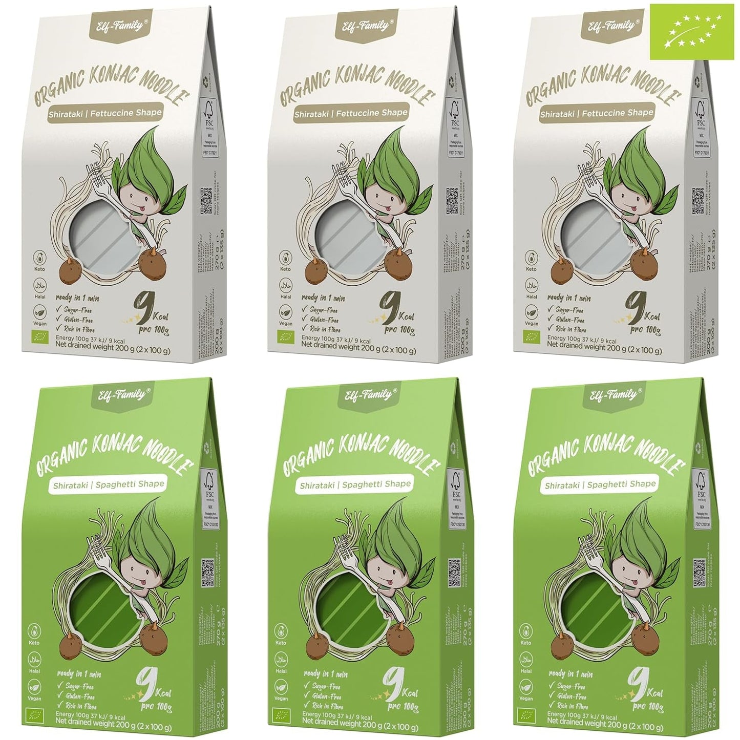 Elf-Family 6 krabiček (12 ks) Organické konjacové nudle Shirataki Ultra Low Carb Veganské Bezlepkové – 1,62 kg, Bez sacharidů/Keto/Nízkokalorické/Bez tuku/Bez cukru instantní nudle – Špagety a Fettuccine