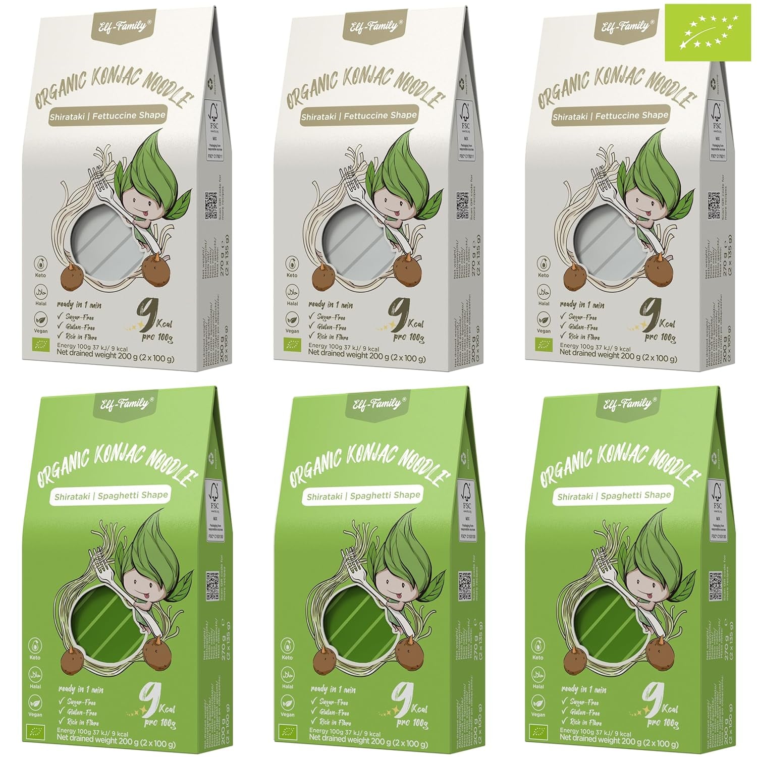 Elf-Family 6 krabiček (12 ks) Organické konjacové nudle Shirataki Ultra Low Carb Veganské Bezlepkové – 1,62 kg, Bez sacharidů/Keto/Nízkokalorické/Bez tuku/Bez cukru instantní nudle – Špagety a Fettuccine
