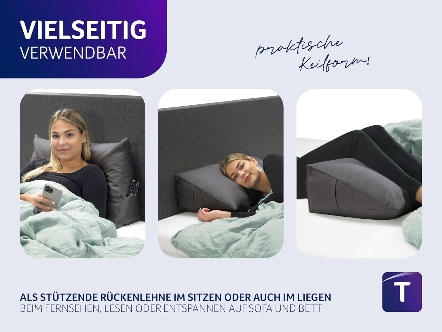 Polštář na čtení Traumnacht Cozy Back Cushion, 70 x 40 cm tmavě šedý, snímatelný a pratelný potah ze 100% polyesteru, praktická boční kapsa, certifikováno Oeko-Tex, vyrobeno podle německých norem kvality