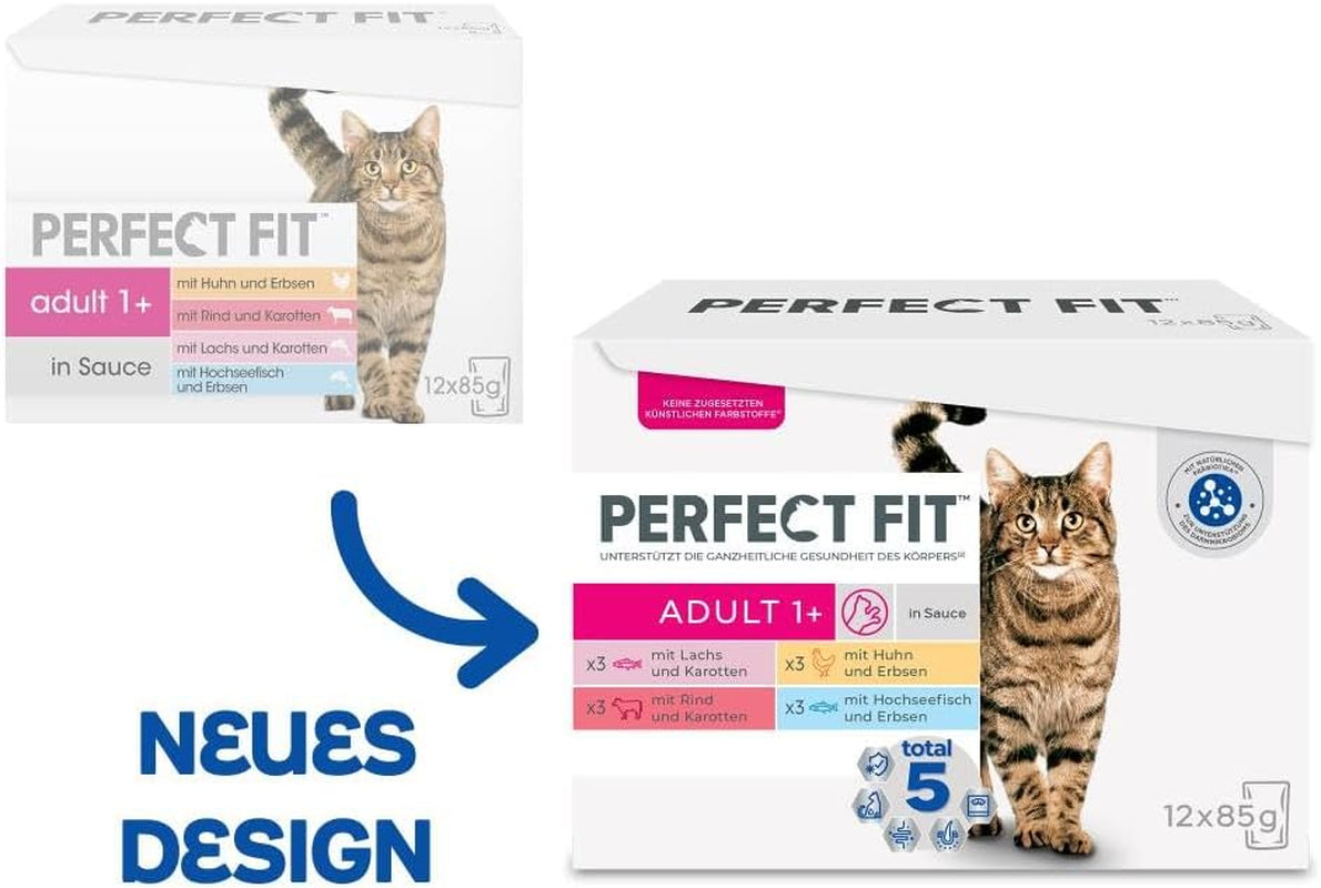 Perfect Fit Adult 1+ výběr mokrého krmiva s lososem, hlubinnými rybami, hovězím a kuřecím masem, 48 sáčků, 12x85g (balení po 4 ks) - Prémiové vlhké krmivo pro dospělé kočky od 1 roku věku
