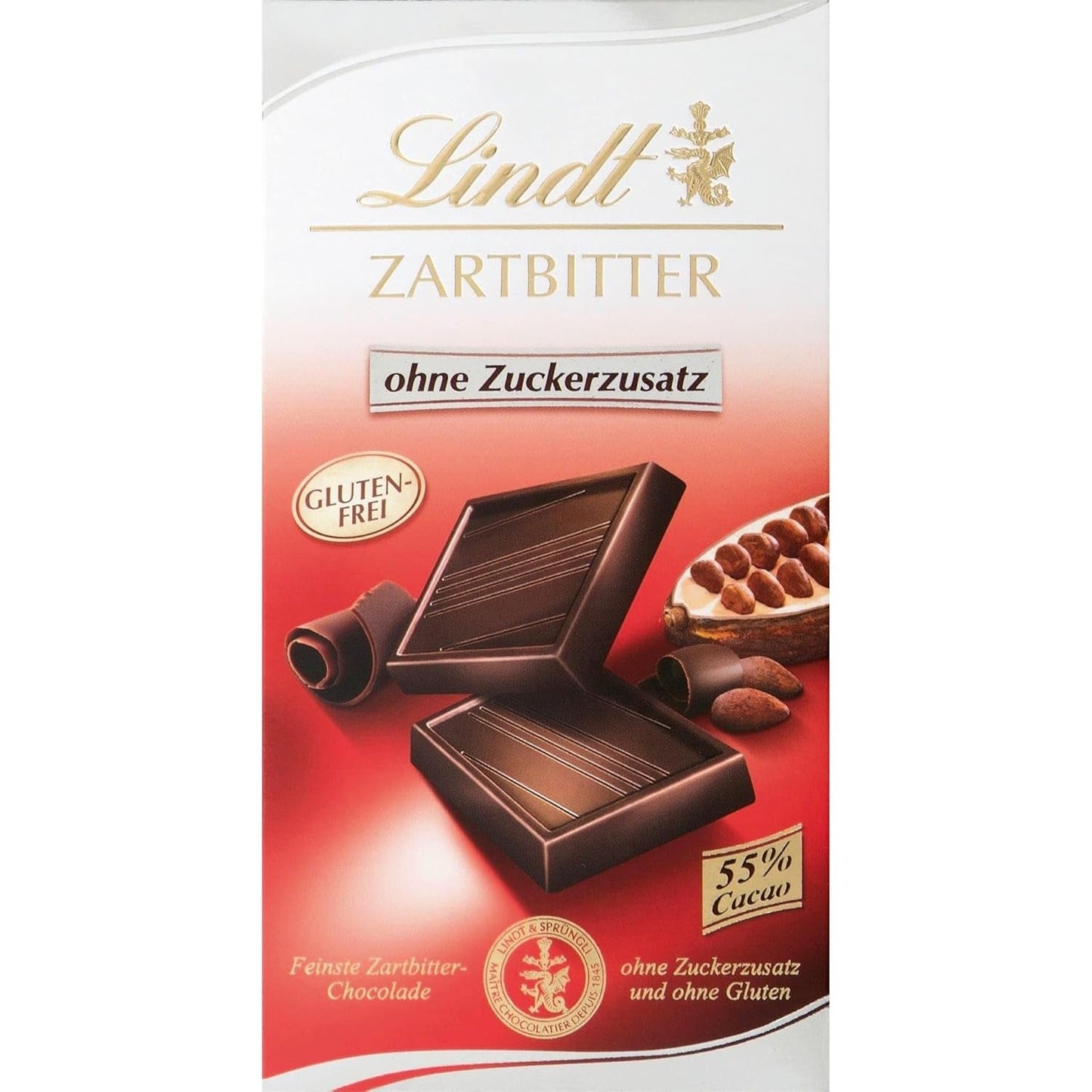 Lindt Čokoláda | Hořká čokoládová tyčinka bez přidaného cukru | 100 g | Nejjemnější hořká čokoláda s 55% kakaa, bez přidaného cukru a bez lepku | Čokoládová tyčinka bez lepku