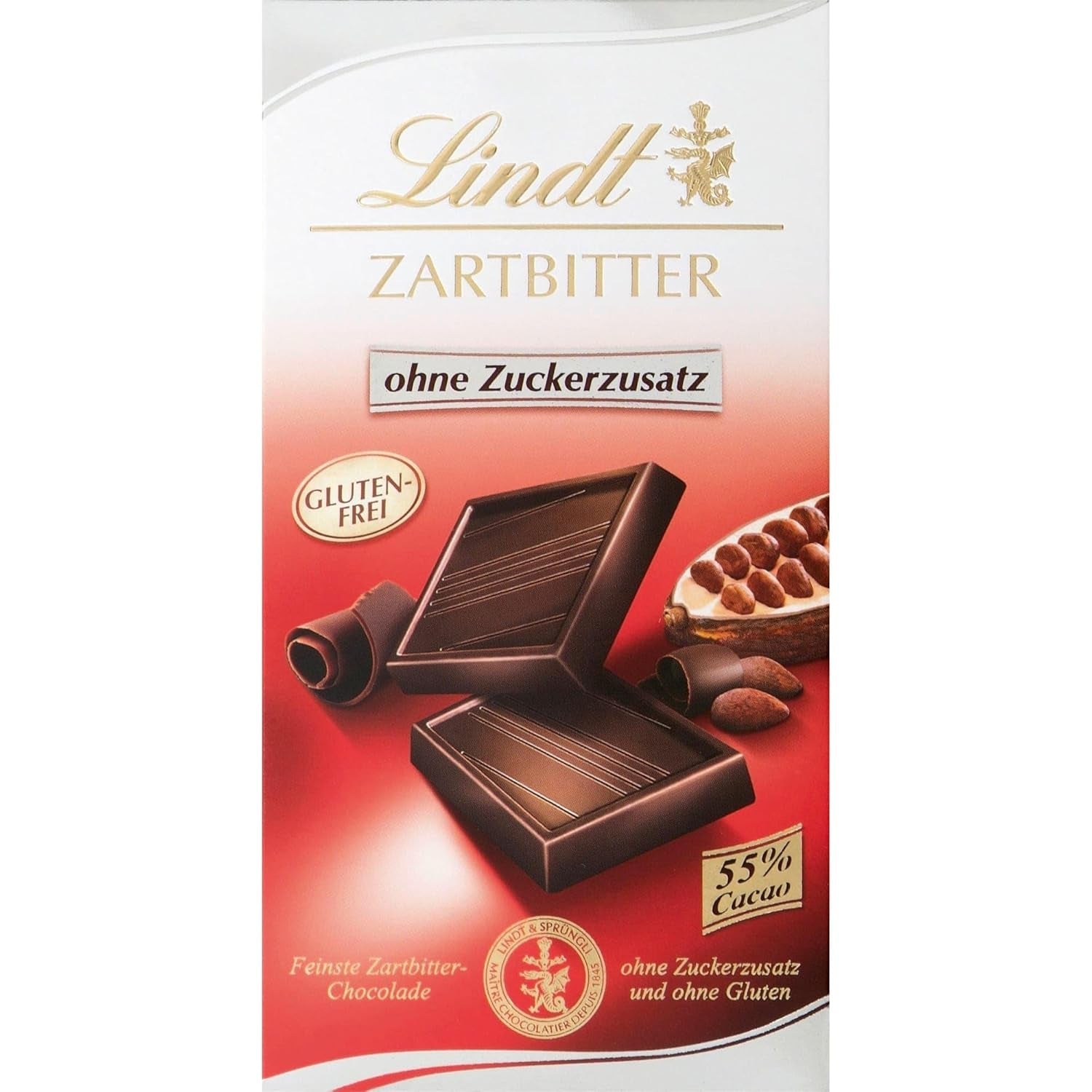Lindt Čokoláda | Hořká čokoládová tyčinka bez přidaného cukru | 100 g | Nejjemnější hořká čokoláda s 55% kakaa, bez přidaného cukru a bez lepku | Čokoládová tyčinka bez lepku