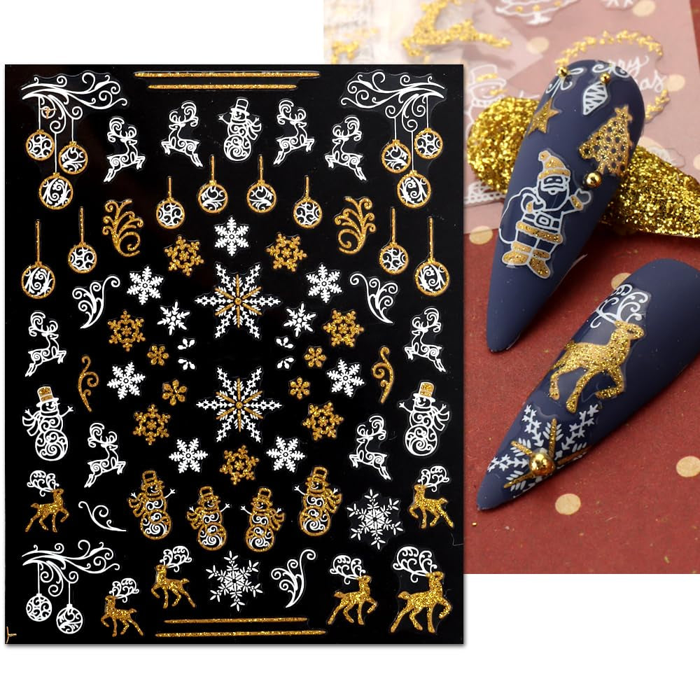JMEOWIO Nagelsticker Weihnachten 9 Blatt Nail Art Sticker Selbtklebend Nagelaufkleber Schneeflocke Schneemann Festival Weißes Zlatá dekorace Nageldesign Zubehör