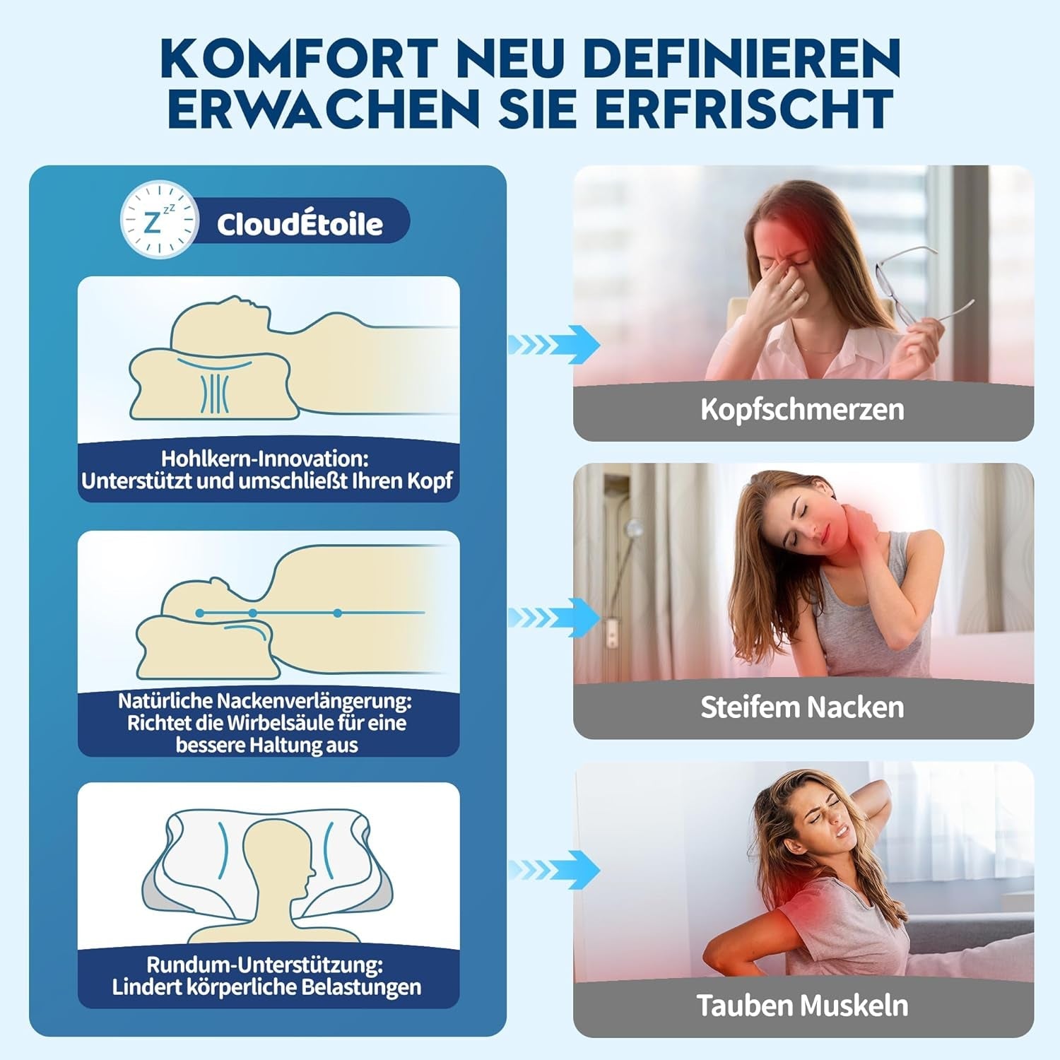 Cloudétoile Neck Polštář Paměťový pěnový polštář - Ergonomický ortopedický polštář 2 v 1 Visco Foam Polštář Boční spánek Polštář s podporou krku Výškově nastavitelná paměťová pěna Polštář Bílá 64X38X12cm Krční ortopedické polštáře Naty Shop
