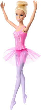 Panenka Barbie Ballerina Módní blonďatá panenka v odnímatelných lila Tutu s baletními pažemi a špičatými botami HRG34