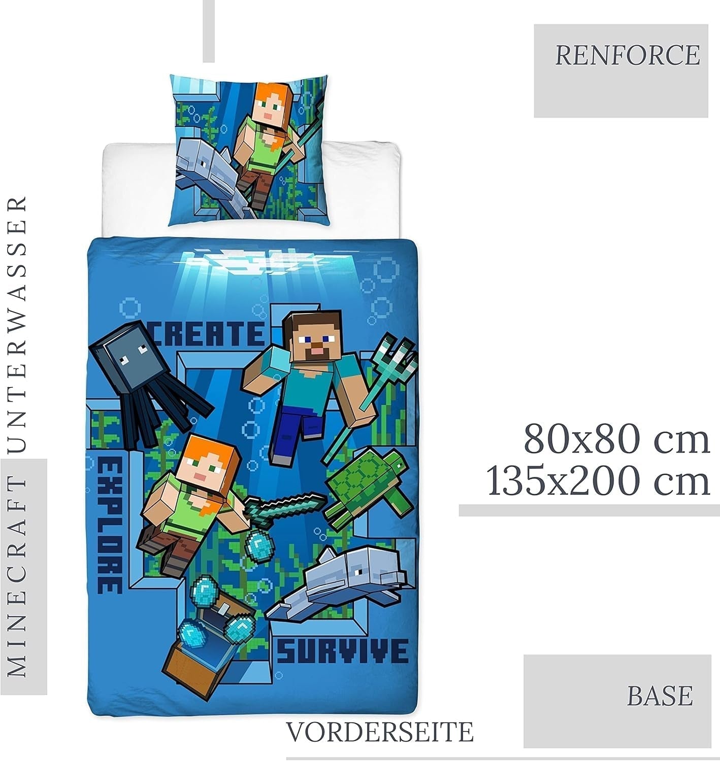Minecraft Povlečení Kinderbettwäsche Jugendbettwäsche 135X200 · Unterwasserwelt · Wende Motiv · Kissenbezug 80X80 + Bettbezug 135X200 Cm · 100% Baumwolle · Deutsche Größe Naty Shop